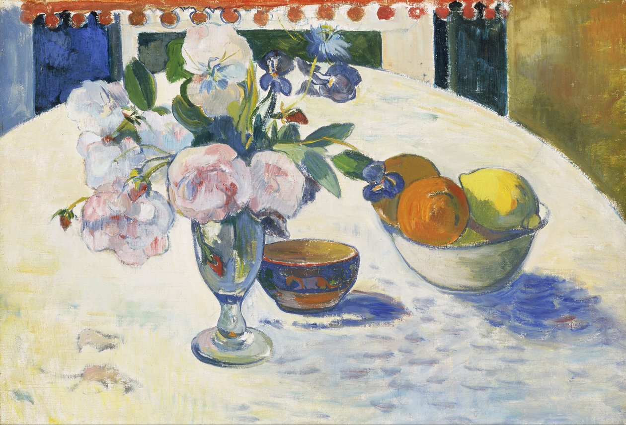 Flores e uma tigela de frutas em uma tabela de Paul Gauguin