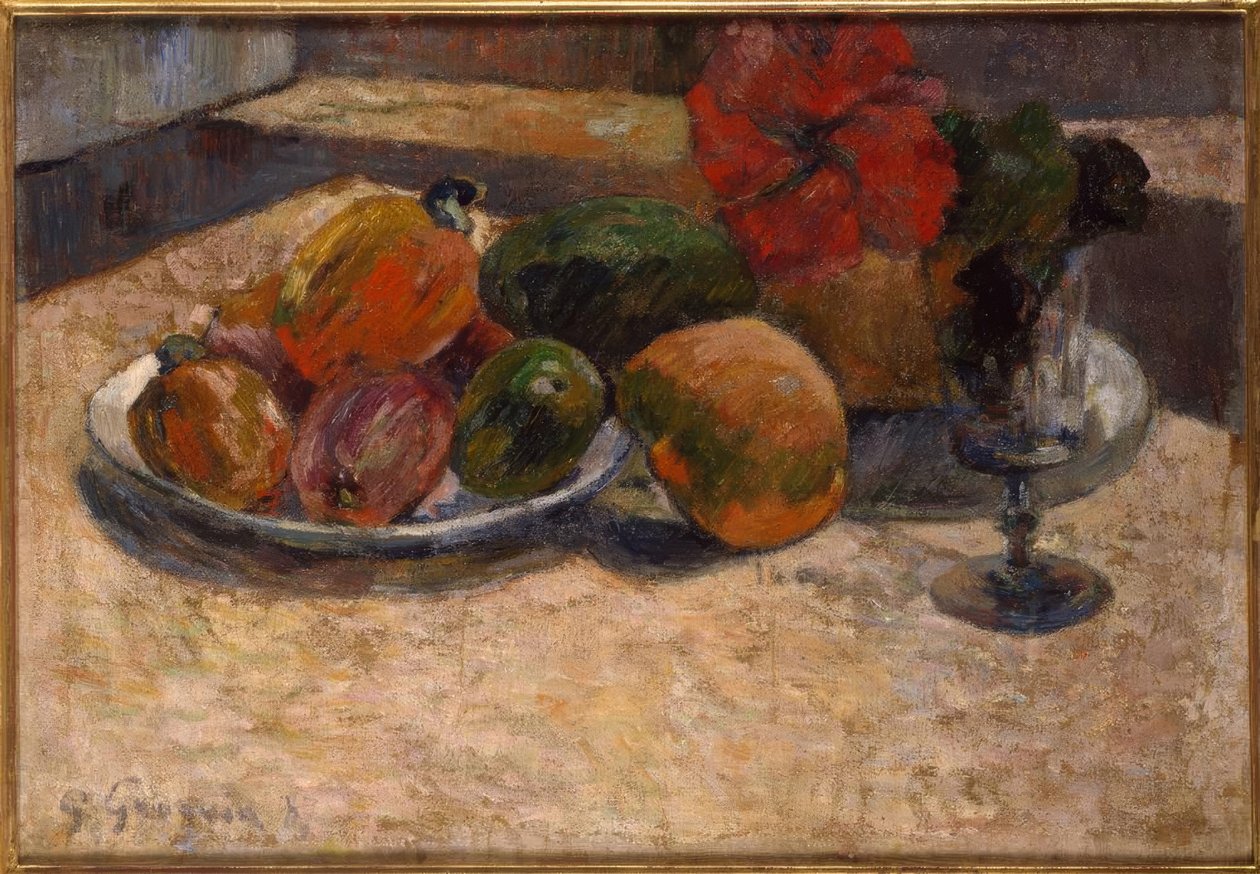 Frutas exóticas e flores vermelhas de Paul Gauguin