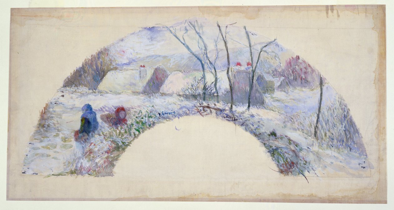 Jardim sob a neve, design para ventilador, c.1885 (wc e bodycolour sobre giz preto sobre linho fino) de Paul Gauguin