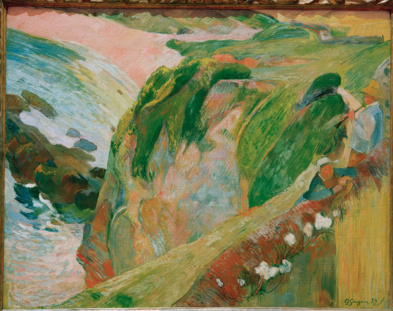 Jogador de flauta pastor nas falésias de Paul Gauguin