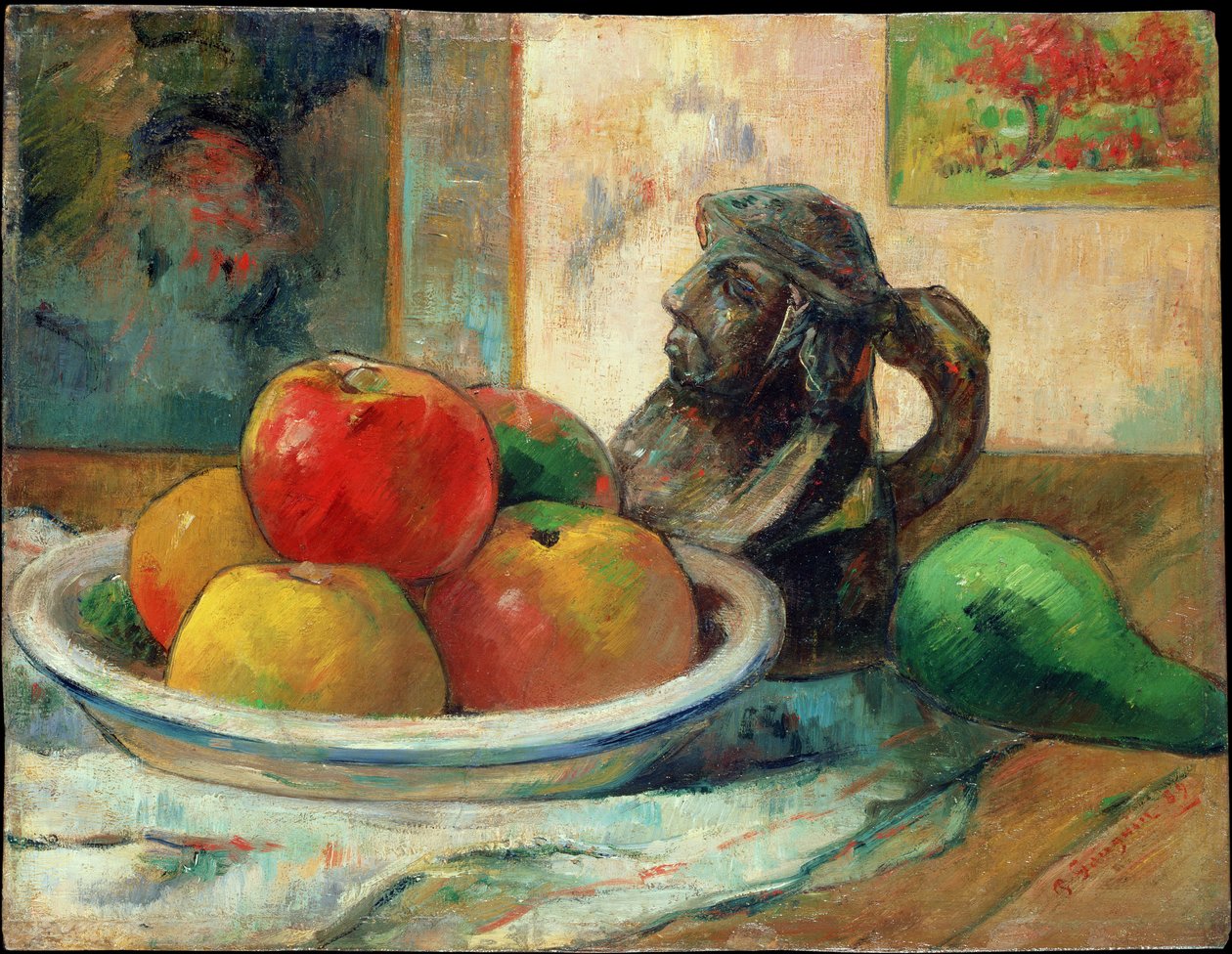 Ainda vida com maçãs, uma pêra e um jarro de retrato de cerâmica, 1889 de Paul Gauguin