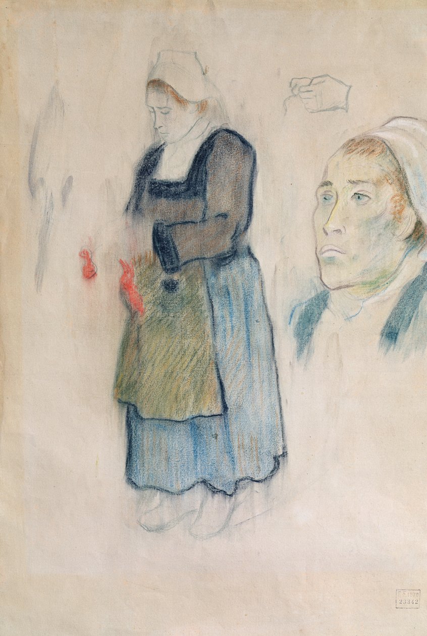 Estudos de camponeses bretões, 1888 (giz vermelho, carvão e pastel sobre papel bege) de Paul Gauguin