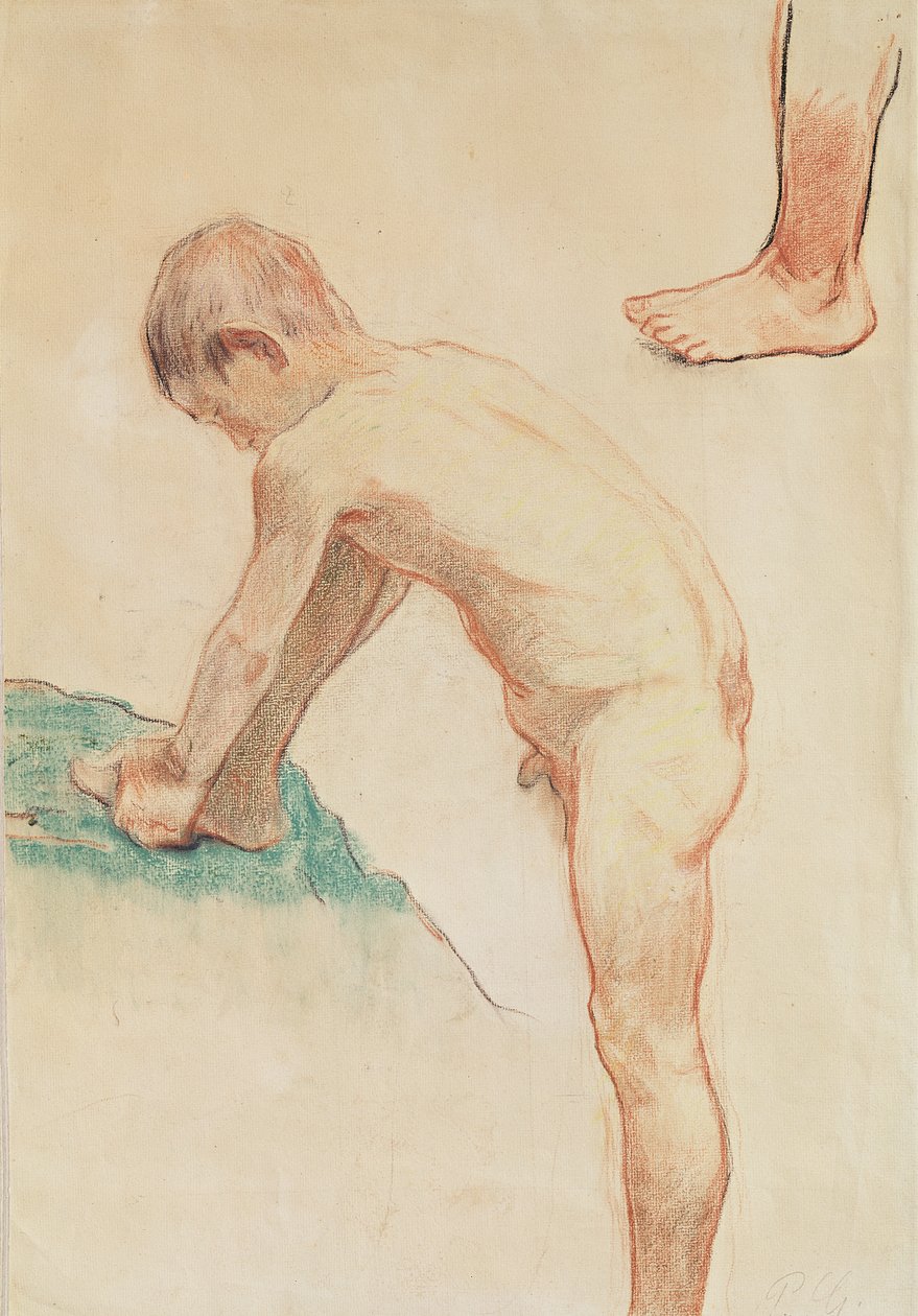 Estudo de um menino e um pé, 1888 (giz vermelho, carvão e pastel sobre papel bege) (ver também 146451) de Paul Gauguin