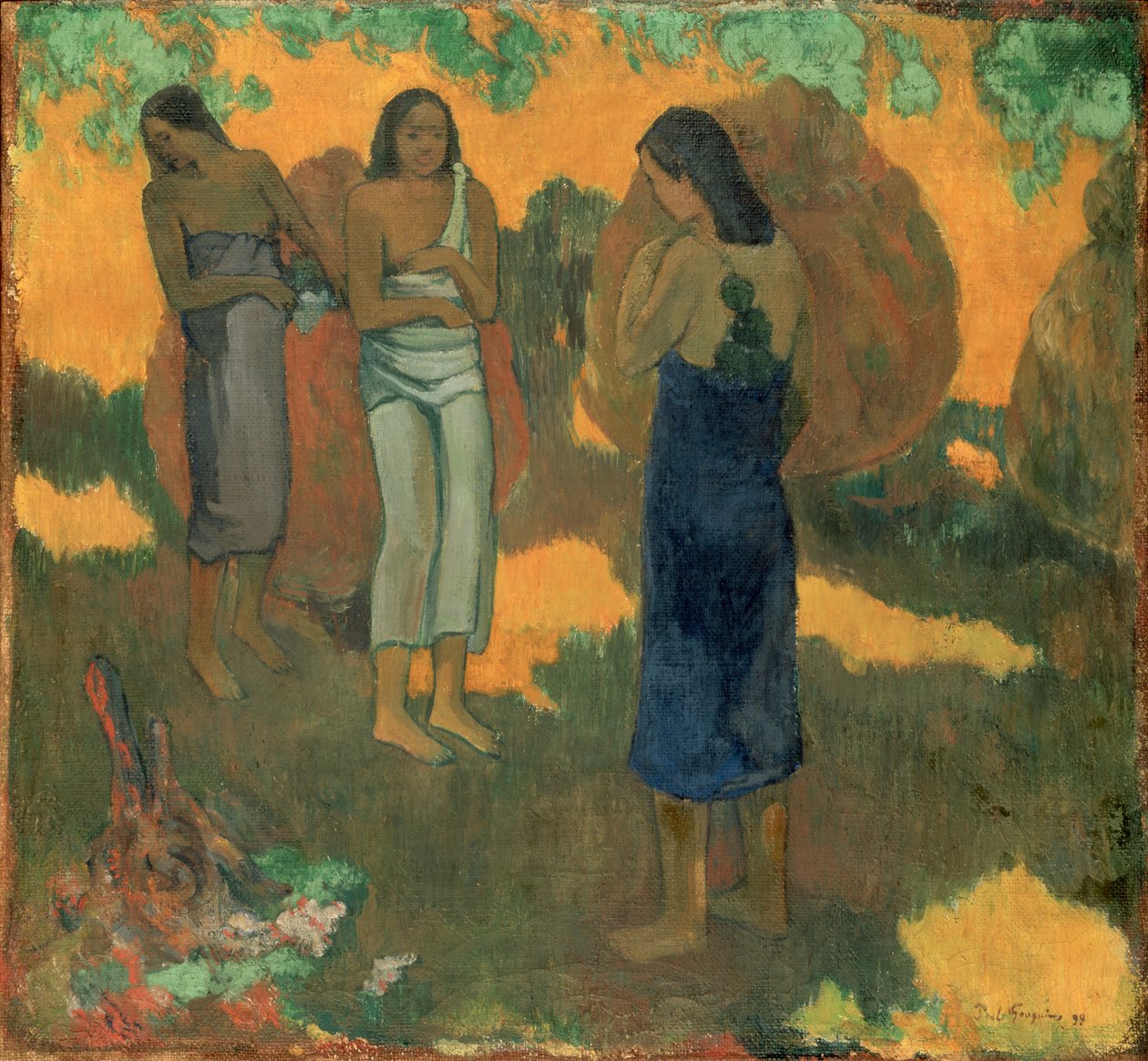 Três mulheres taitianas contra um fundo amarelo de Paul Gauguin
