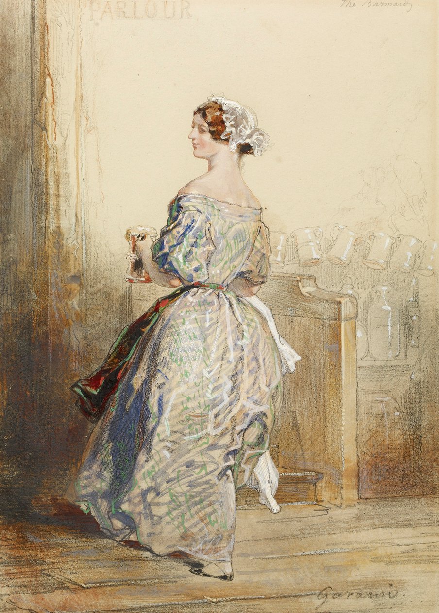 A garçonete, c.1850 (wc, giz de cera e grafite aumentada com branco sobre papel) de Paul Gavarni