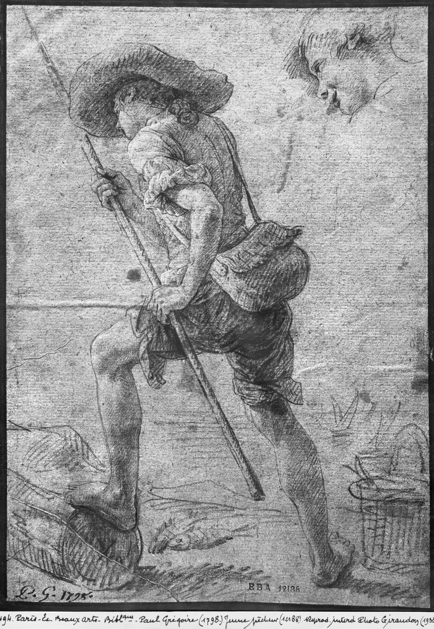 Jovem pescador à beira-mar (lápis preto e giz destaca em papel bistre) de Paul Gregoire
