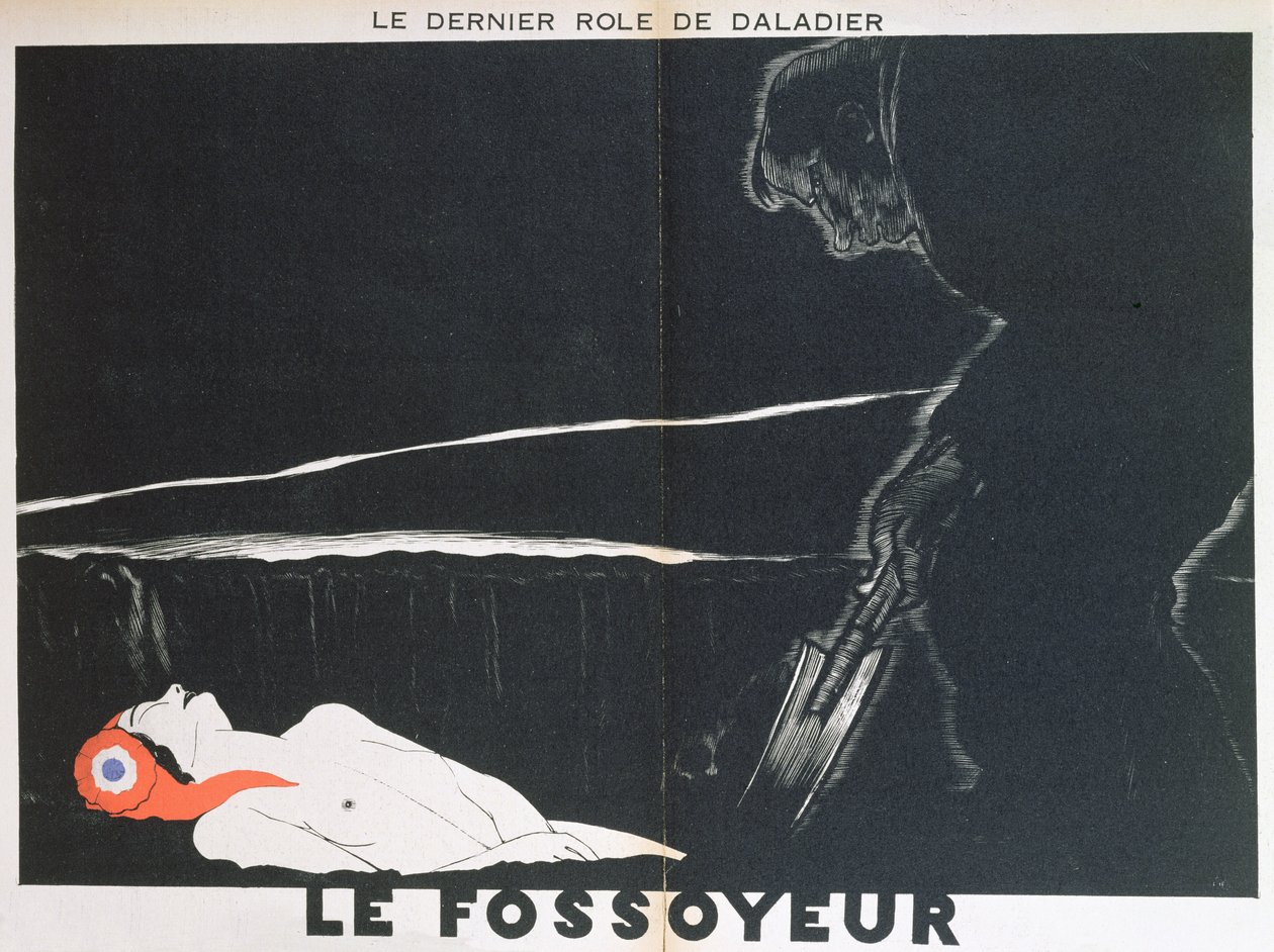The Gravedigger, caricatura de Edouard Daladier (1884-1970) enterrando Marianne, de &39;Parlons Francais&39;, 1934 de Paul Iribe