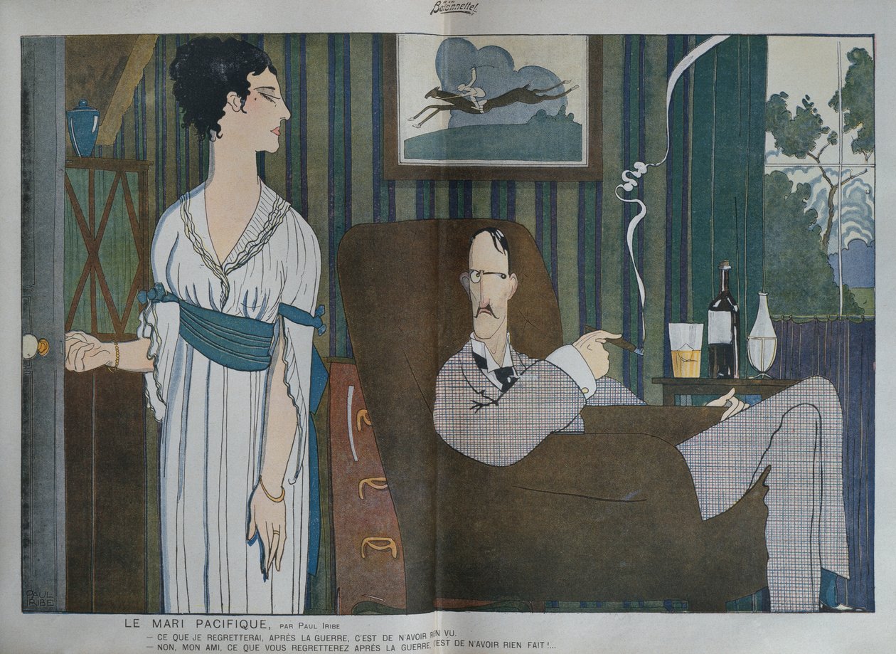 O marido pacifista, ilustração de &39;La Baionnette&39;, 2 de setembro de 1915 de Paul Iribe