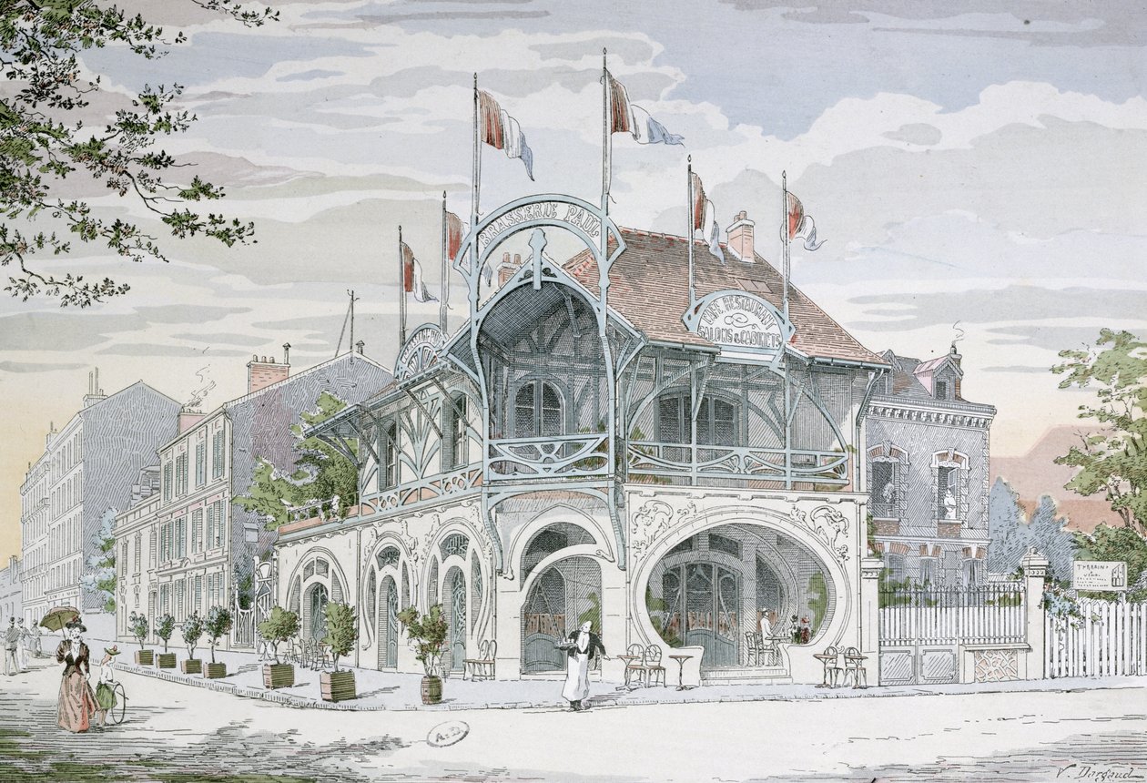 Café no estilo Art Nouveau por G. Guyon em Saint Maurice, perto de Paris, ilustração de &39;L&39;Architecture Usuelle&39;, gravada por E. Rivoalen (gravura de cor) de Paul Joseph Victor Dargaud