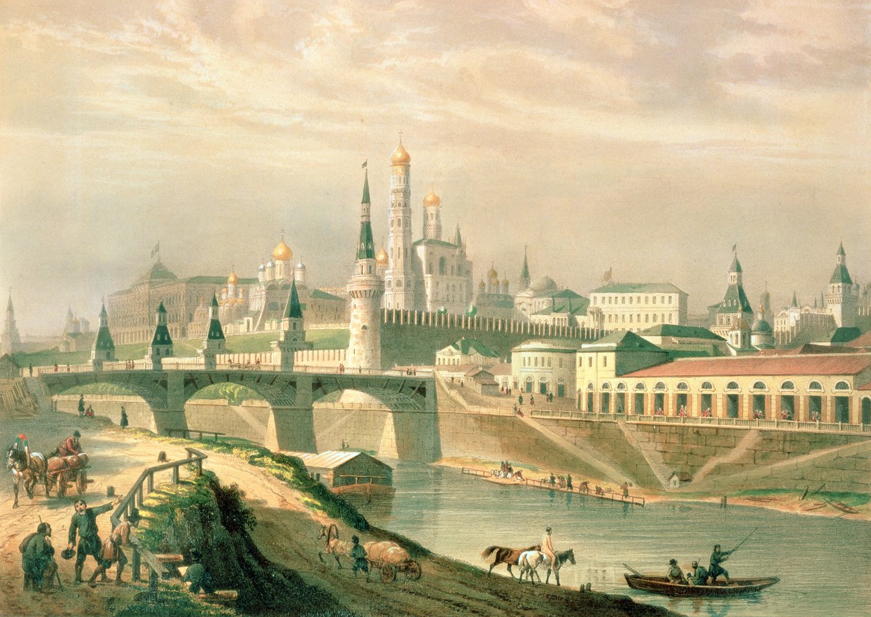 Vista do Kremlin de Moscou, 1830 (litografia de cor) de Paul Marie Roussel