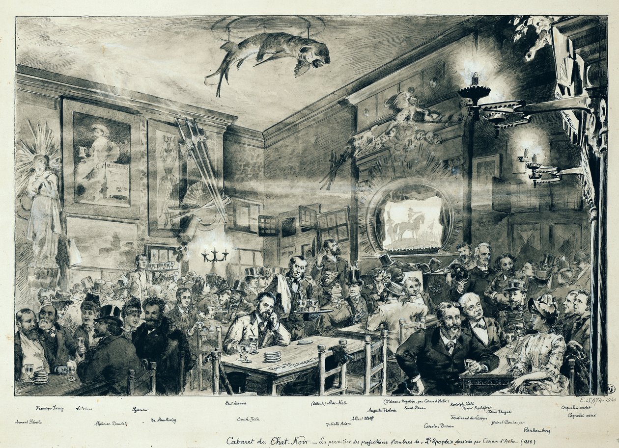 O Cabaret du Chat Noir, 1886 (caneta e tinta no papel) de Paul Merwart