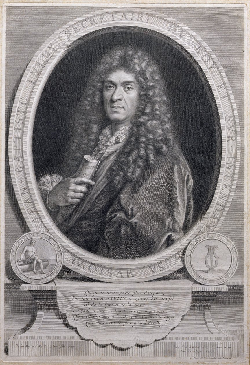 Retrato de Jean Baptiste Lully (1632-87), compositor francês e diretor de ópera, gravado por Jean Louis Roullet (1645-99) de Paul Mignard