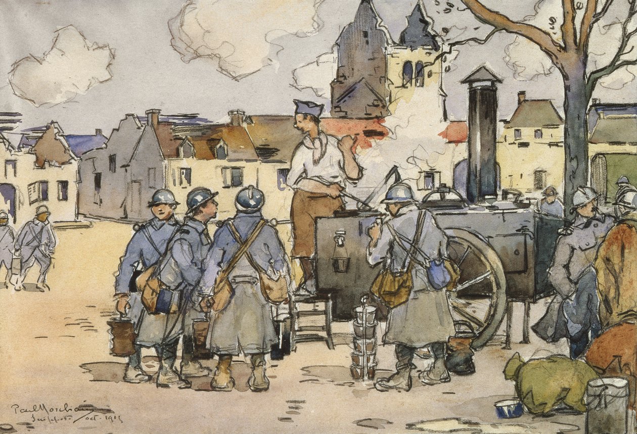 Snipers franceses em uma cozinha de campo, Marne, outubro de 1915 (wc no papel) de Paul Morchain