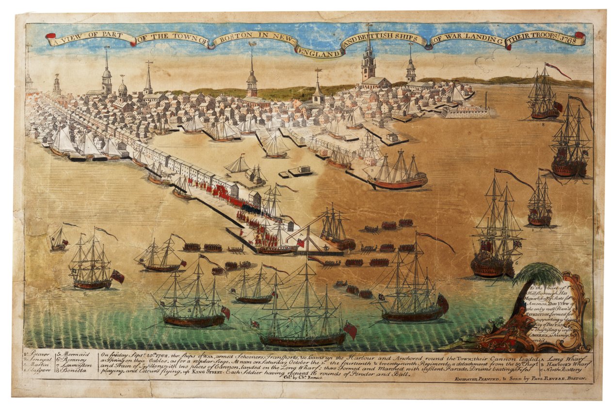 Uma vista da cidade de Boston na Nova Inglaterra e navios britânicos de guerra desembarque suas tropas, 1768, 1770 de Paul Revere
