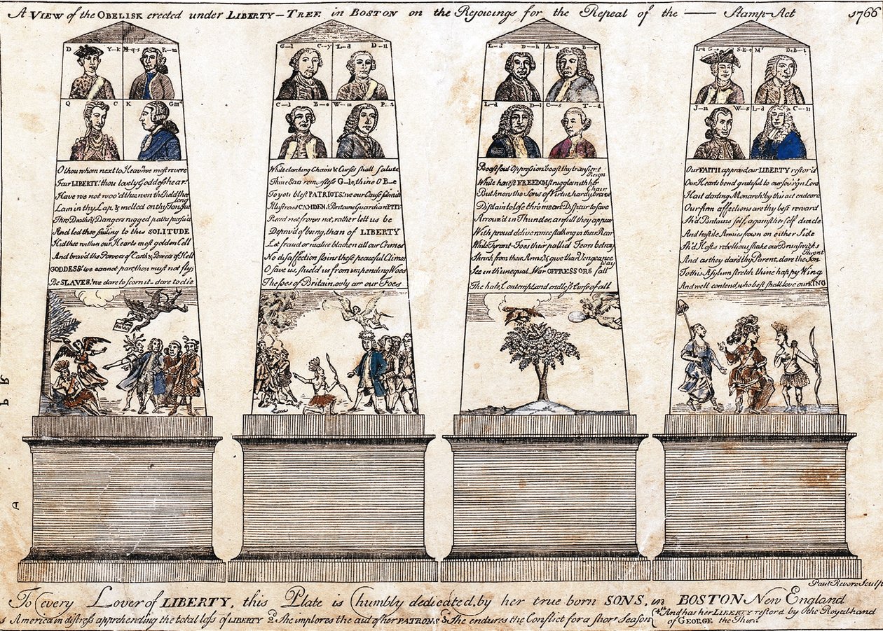 Uma visão do obelisco erguido sob a Liberty-tree em Boston sobre as alegrias para a revogação do Stamp Act 1766 de Paul Revere