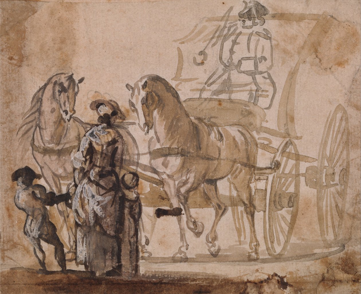 Um carrinho e par, com cocheiro de Paul Sandby