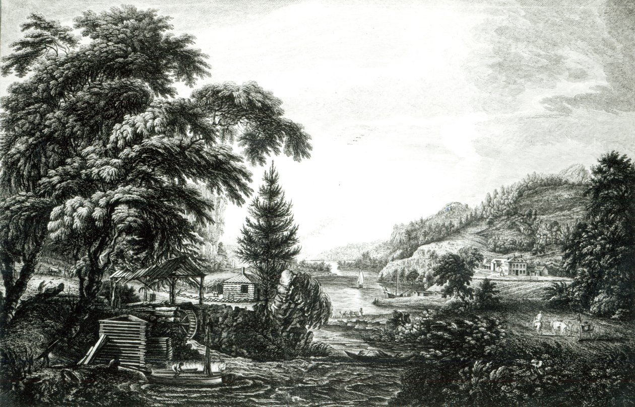 Um projeto para representar o início e a conclusão de um assentamento americano ou fazenda, de &39;Scenographia americana&39;, gravada por James Peake, 1768 de Paul Sandby
