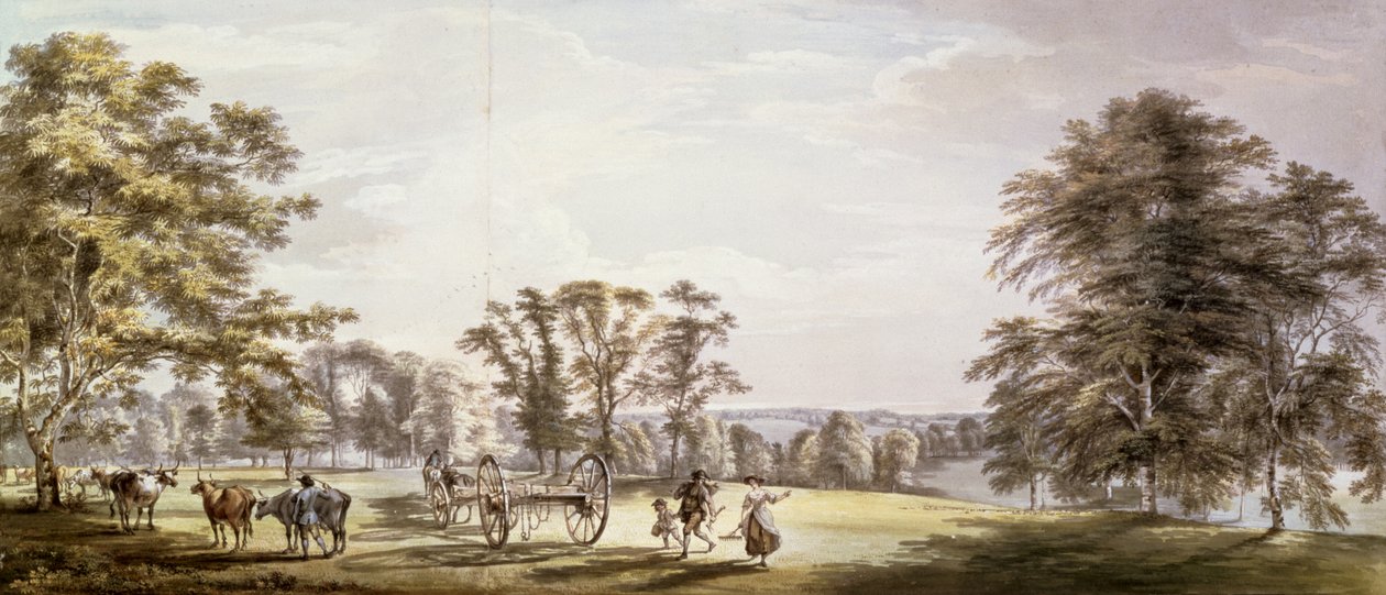 Uma Cena no Parque do Conde de Bute em Luton 1763-65 (lápis, caneta e tinta, wc e bodycolour no papel) de Paul Sandby