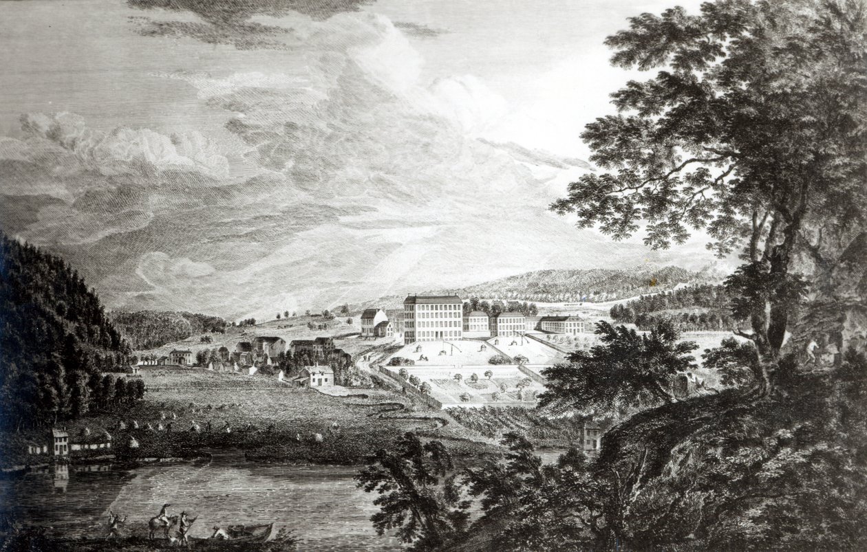 Uma vista de Bethlem, a Grande Morávia, na província da Pensilvânia, de &39;Scenographia Americana&39;, 1768 de Paul Sandby