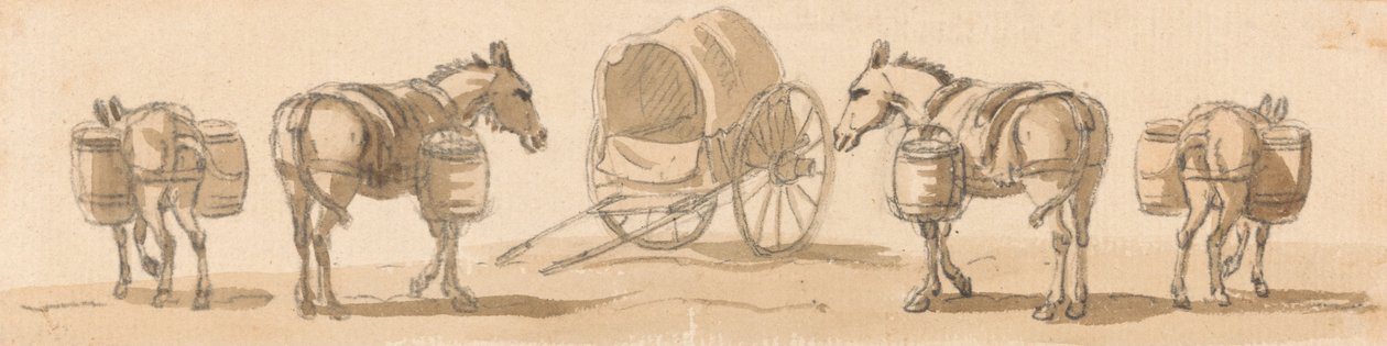 Quatro mulas com paneiros e um carrinho de Paul Sandby