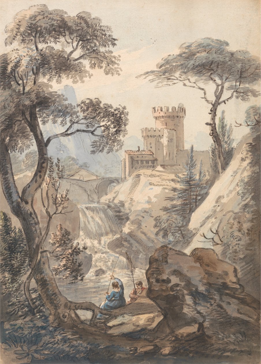 Paisagem italianizada com castelo, cascata e pescadores de Paul Sandby