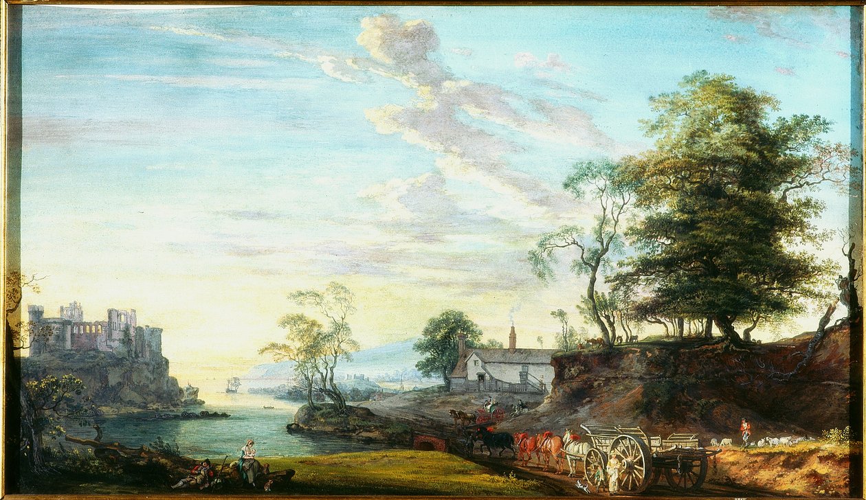 Paisagem com castelo em uma baía (bodycolour (guache) no papel) de Paul Sandby