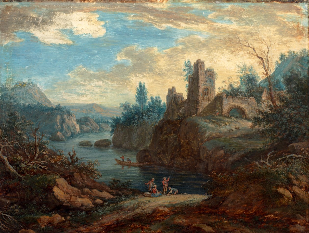 Paisagem com ruínas e pescadores (bc no papel) de Paul Sandby