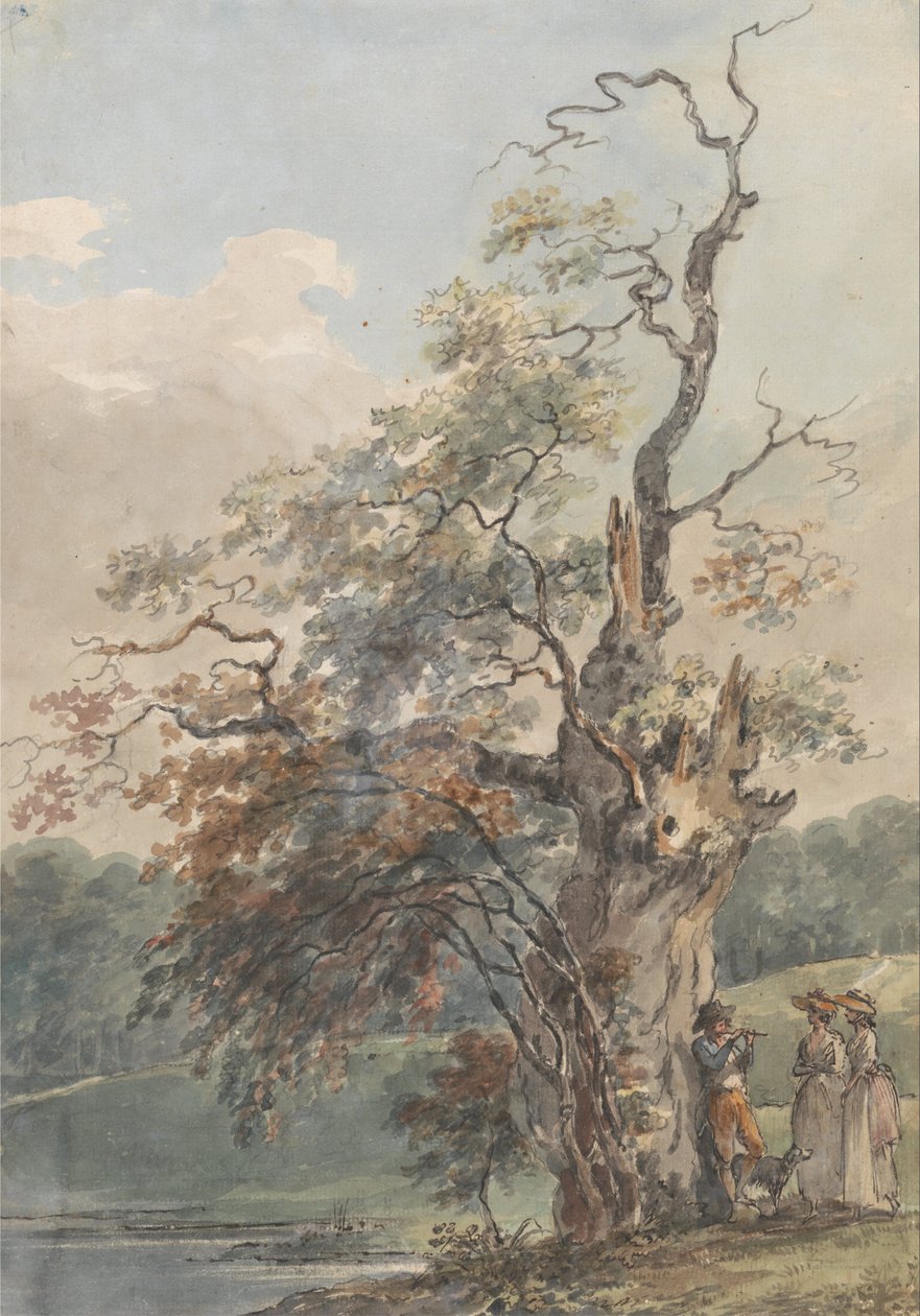 Paisagem com um homem jogando um cano sob uma velha árvore de Paul Sandby