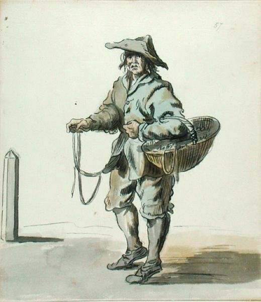 London Cries: Any Cotton Laces ou Garters, 1742 (tinta e lavagem e wc no papel) de Paul Sandby