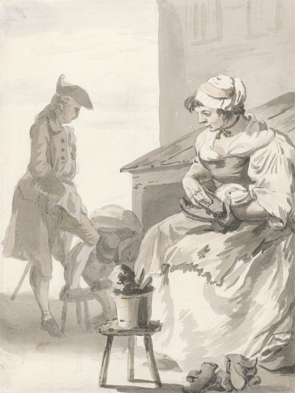 London Cries: Shoe Cleaner, c.1759 (caneta e pincel, tinta cinza, wc e grafite sobre papel) de Paul Sandby