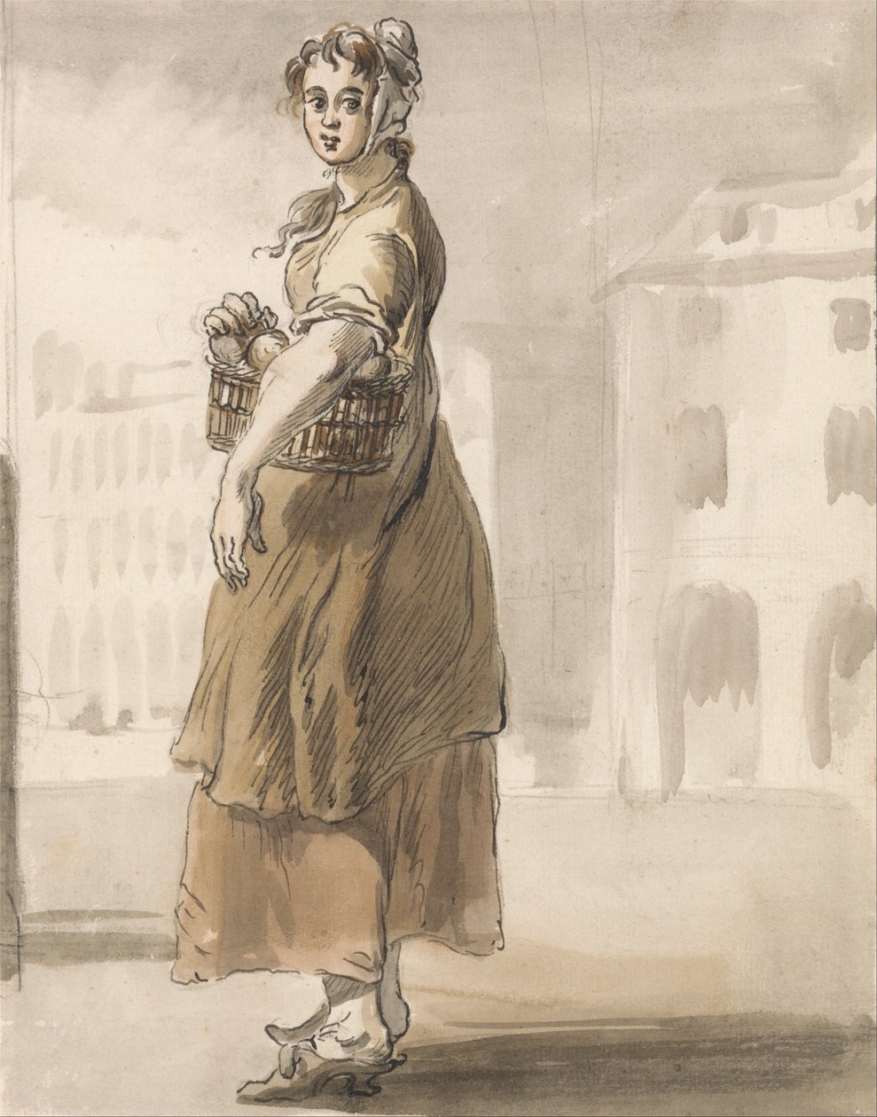Londres chora - uma garota com uma cesta de laranjas de Paul Sandby