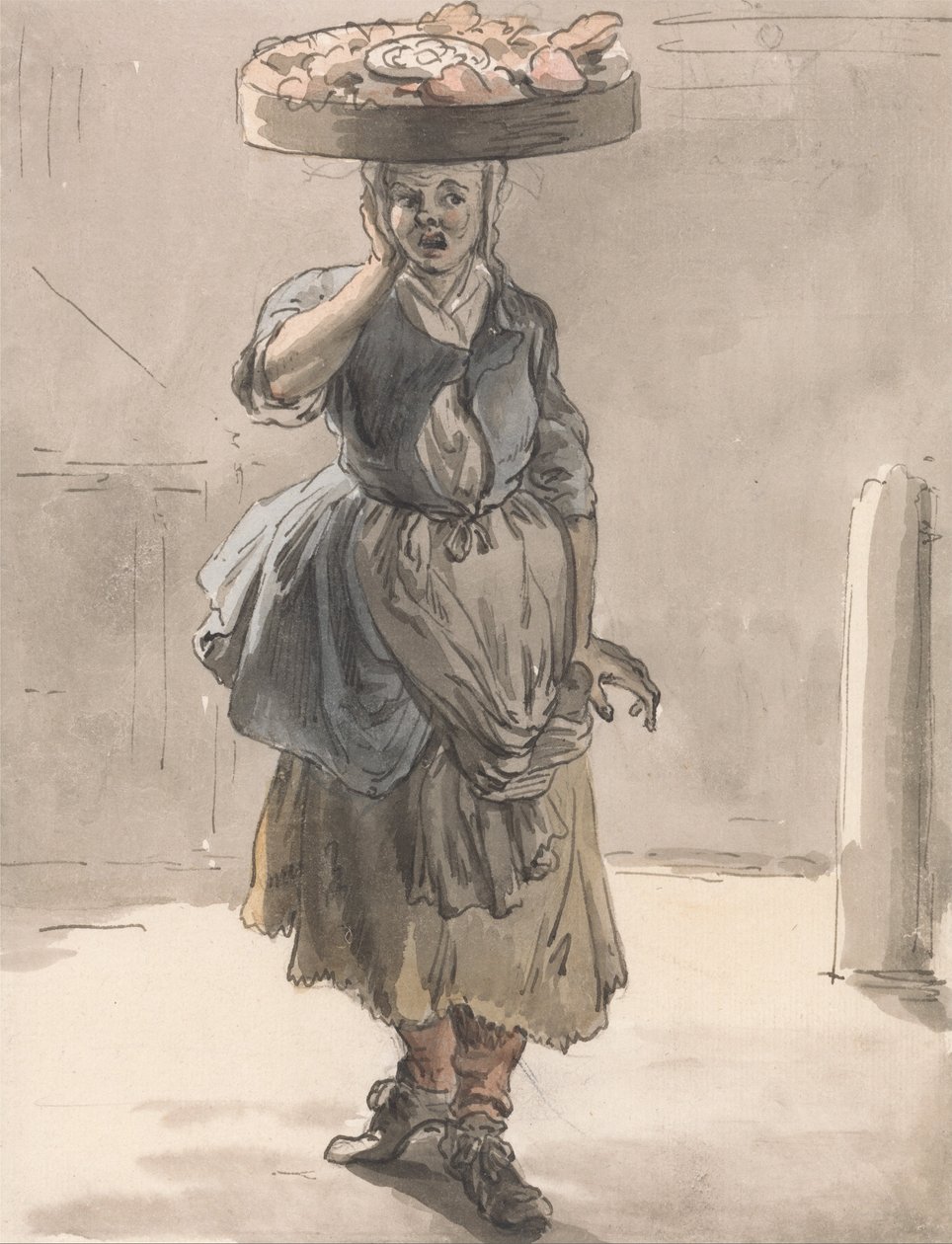 Londres chora - uma menina com uma cesta na cabeça (luzes para os gatos, fígado para os cães) de Paul Sandby