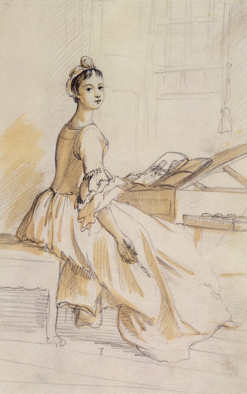 Retrato de uma senhora em uma mesa de desenho (grafite e marrom lavar no papel) (detalhe de 146389) de Paul Sandby