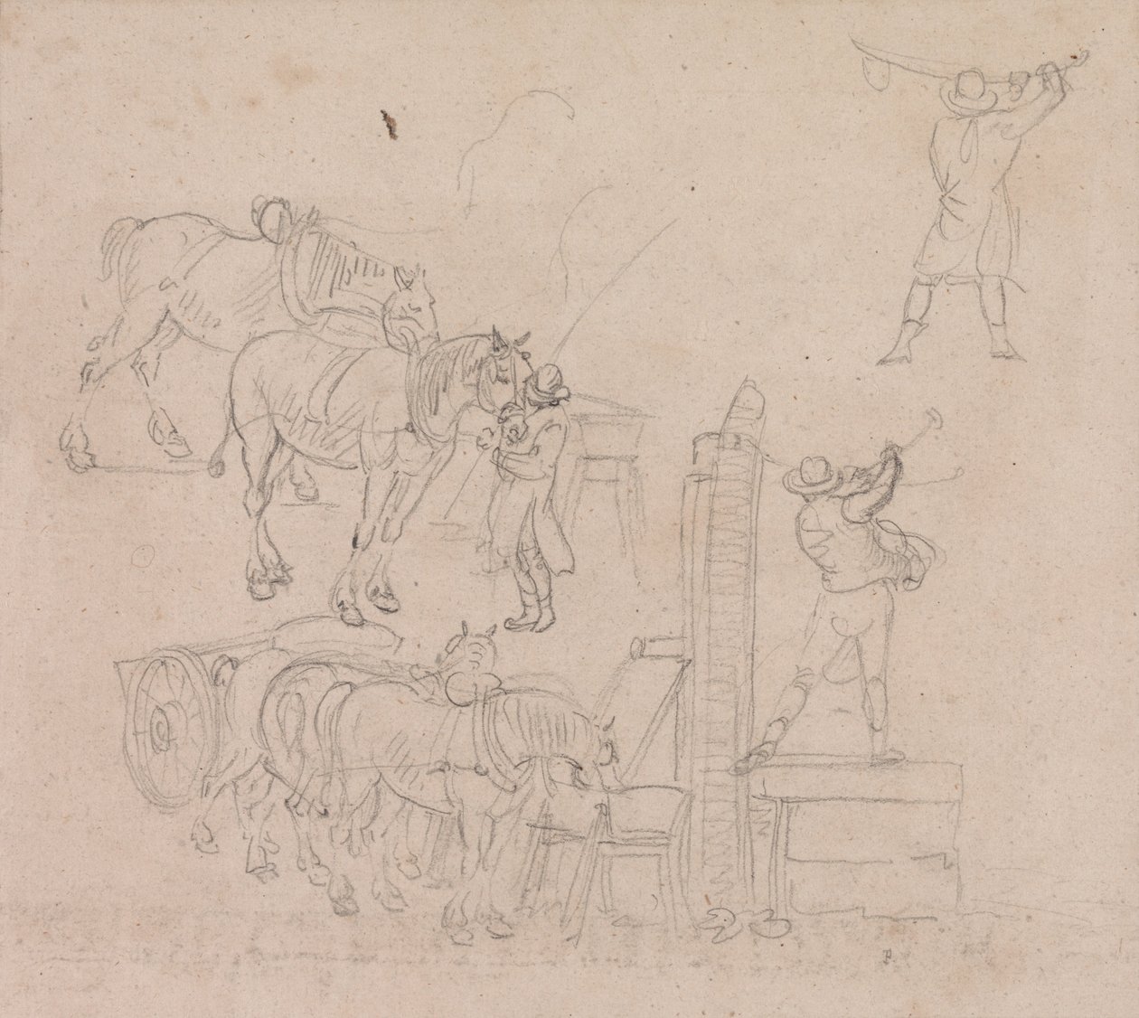 Estudos de um Carter bombeando água para seus cavalos de Paul Sandby