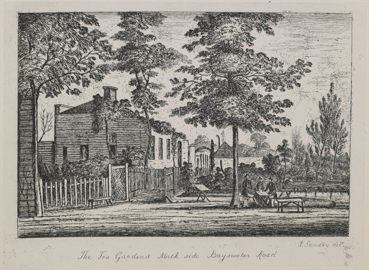 Os jardins de chá, lado norte Bayswater Road, c.1780 de Paul Sandby