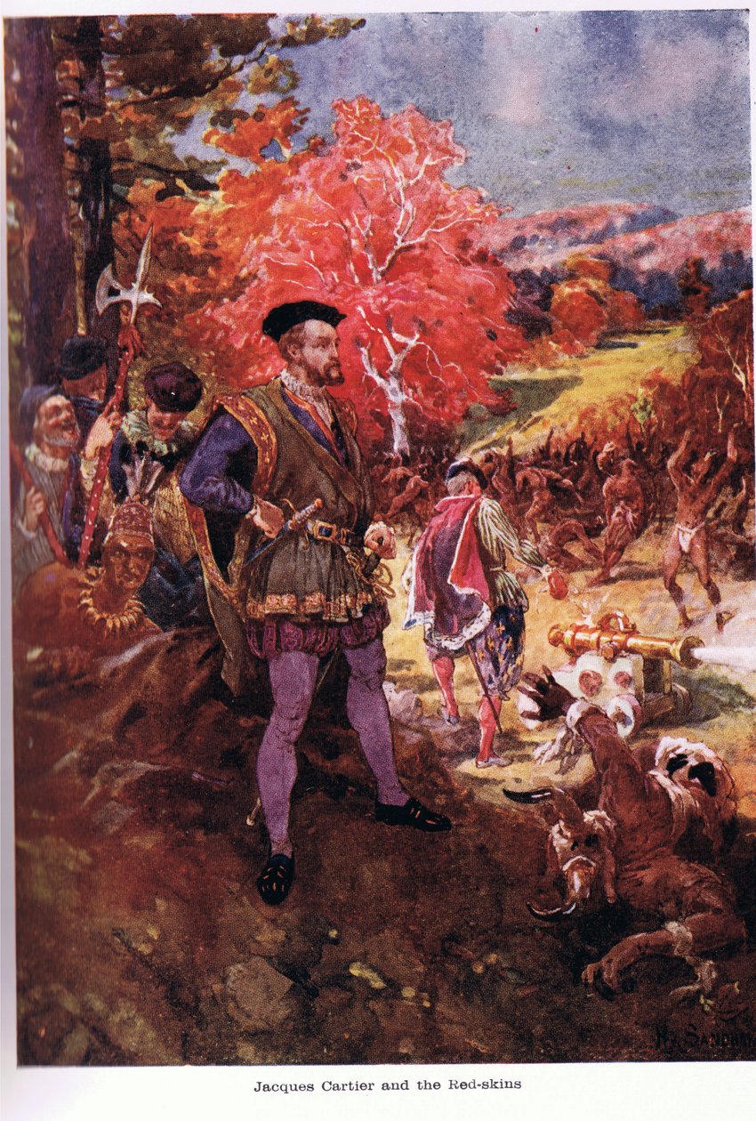 Jacques Cartier com os Redskins, ilustração de &39;The Romance of Canada&39; por WRS Scott de Paul Sandham