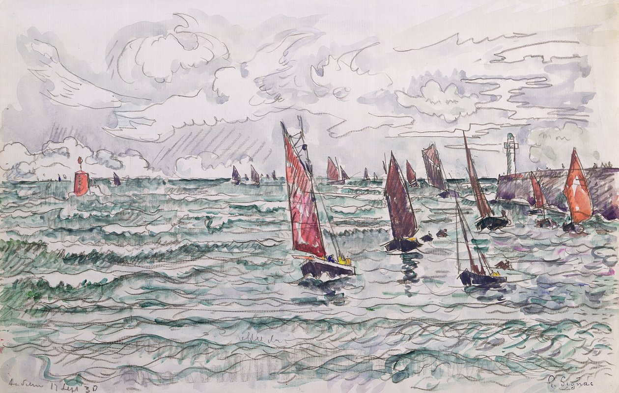 Audierne, Regresso dos Barcos de Pesca, 1930 (wc e lápis sobre papel) de Paul Signac