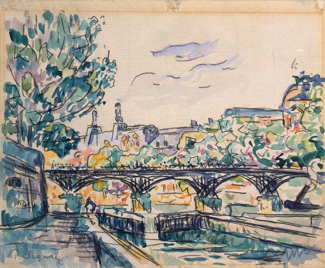 Banco do Sena perto da Pont des Arts, com vista para o Louvre (caneta e tinta com wc e guache sobre papel) de Paul Signac