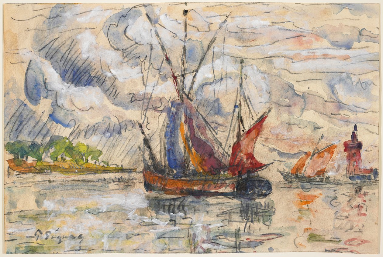 Barcos de pesca em La Rochelle, c.1919-21 (grafite, wc e branco opaco) de Paul Signac
