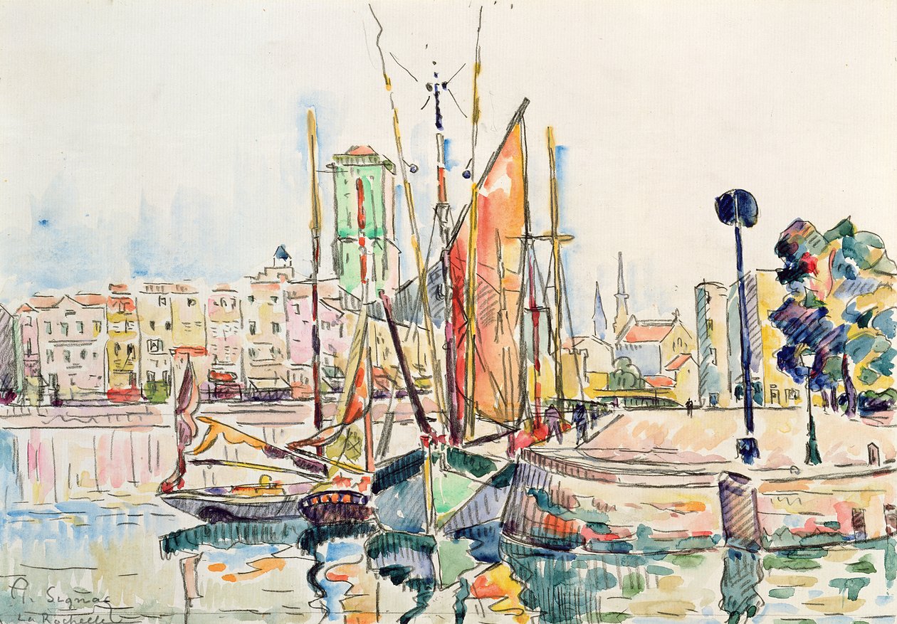 La Rochelle: Barcos e casas (wc no papel) de Paul Signac