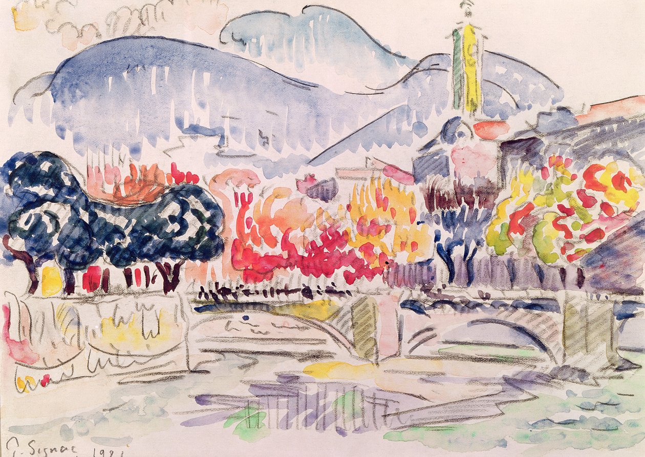 Le Paillon, Nice, 1921 (lápis e wc no papel) de Paul Signac
