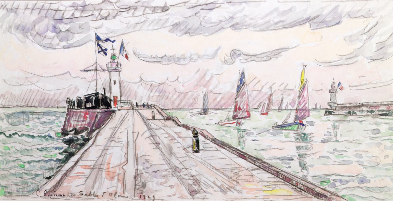 The Sands of Olonne, 1929 (wc e lápis sobre papel) de Paul Signac