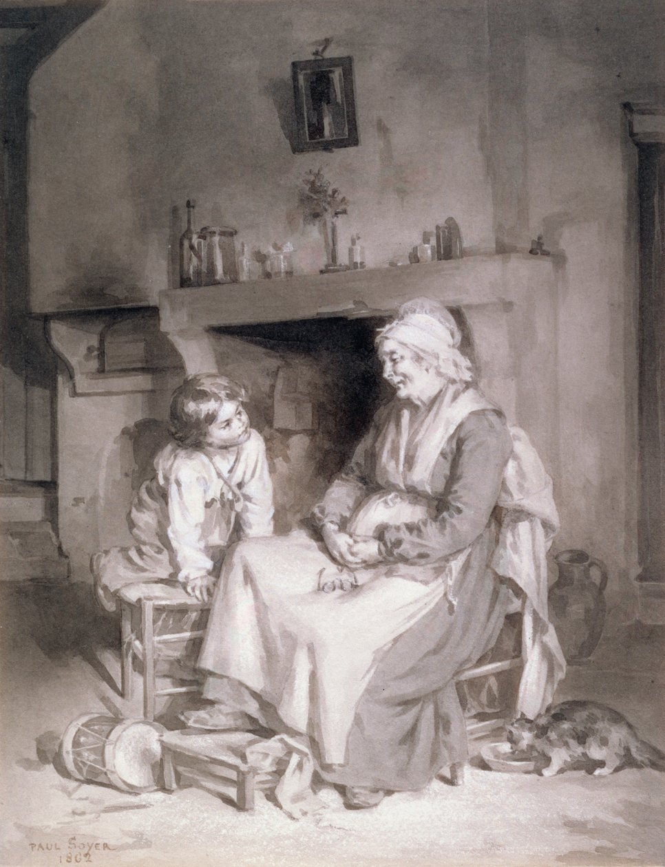 Interior com Old Woman and Boy, 1862 (caneta e tinta no papel) de Paul Soyer