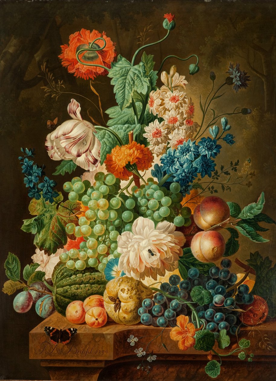 Frutas e flores em uma mesa de mármore, 1794 de Paul Theodor van Brussel