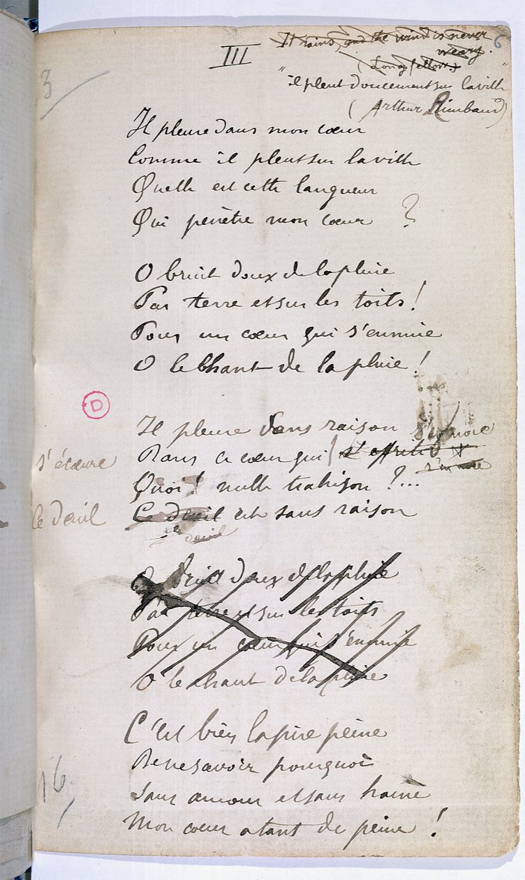 Mancript of &39;Forgotten Ariads, III&39; de &39;Romances Without Words&39;, 1874 de Paul Verlaine