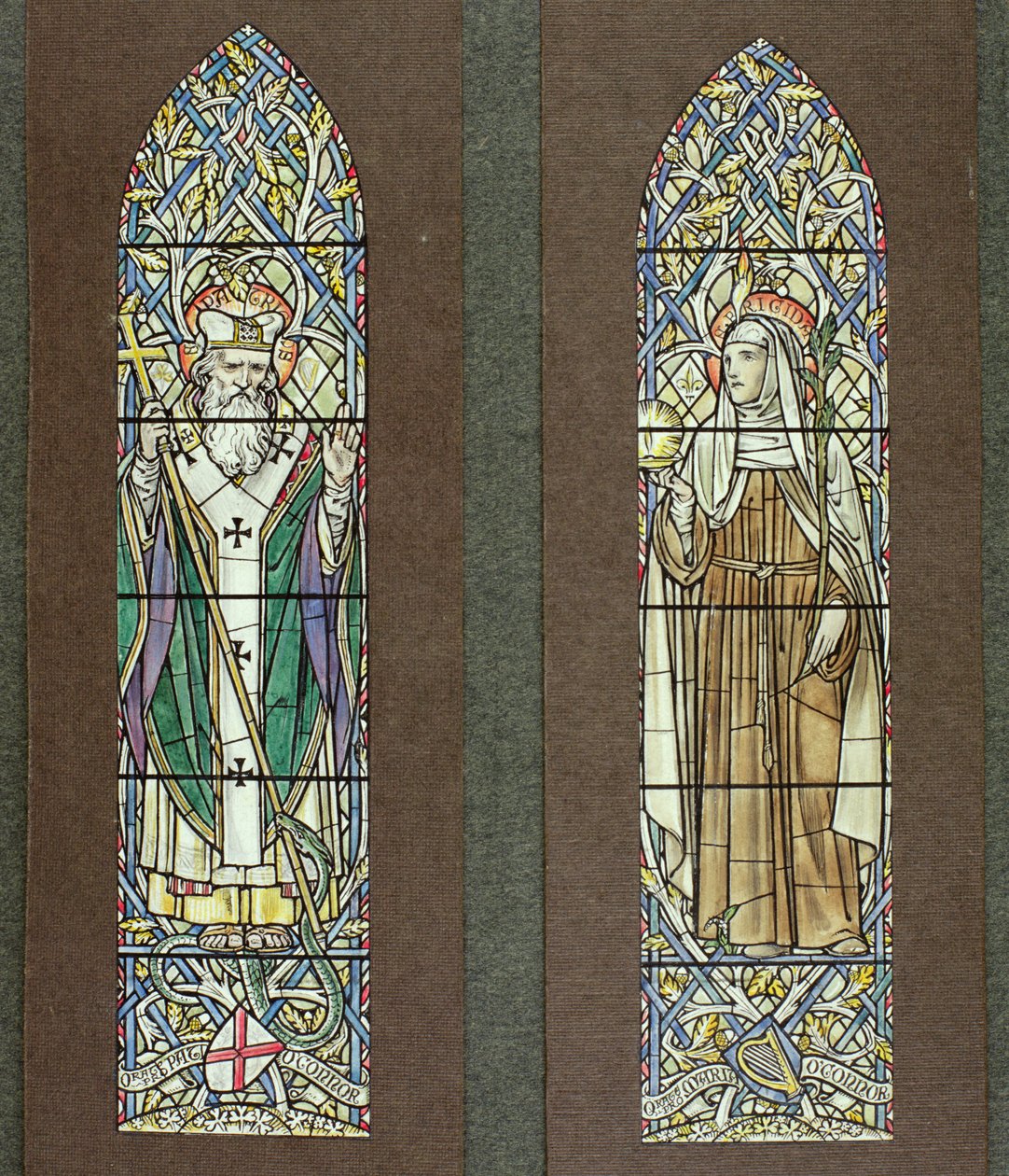 Design para vitrais representando St. Patrick e St. Bridget na Capela dos Santos escoceses em Fort Augustus Abbey, Loch Ness, 1919 de Paul Vincent Woodroffe