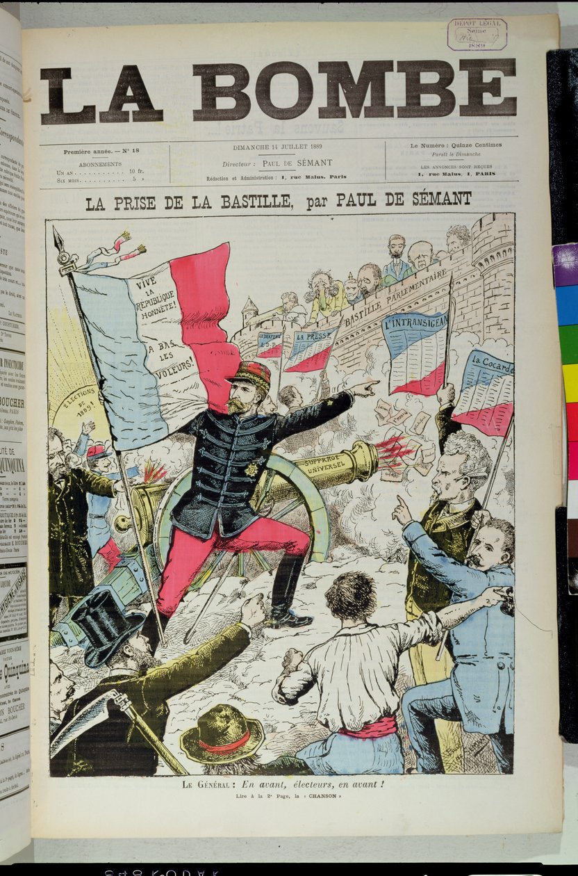 Capa de &39;La Bombe&39; representando o general Boulanger (1837-91) &39;tomando&39; a Bastilha, caricatura nas eleições francesas de 1889, 14 de julho de 1889 de Paul de Semant