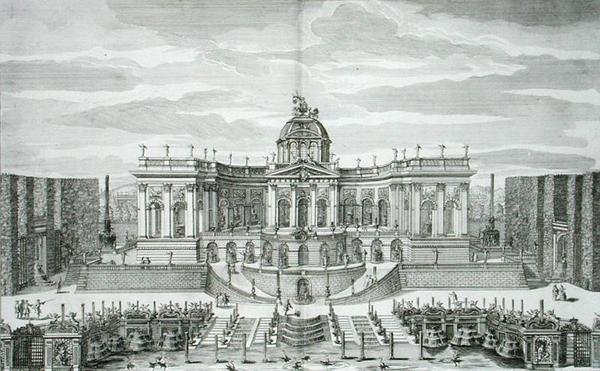 A Grande Gruta e o Jardim da Fonte no Princely Pleasure Palace and Gardens, Berlim, gravada por Johann August Corvinus (1683-1738), publicada c.1711-16 (gravura) de Paul Decker
