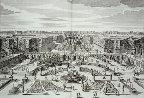 A Grande Cascata do Princely Pleasure Palace and Gardens, Berlim, gravada por Karl Remshard (1678-1735), publicada c.1711-16 (gravura) de Paul Decker