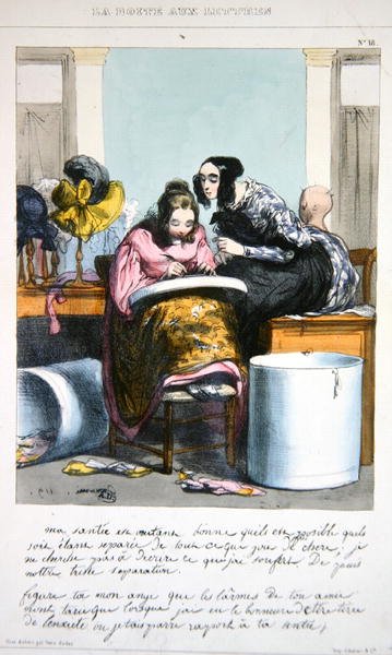 Trabalhador num negócio de chapelaria a escrever uma carta, c.1840 (cor litho) de Paul (after) Gavarni